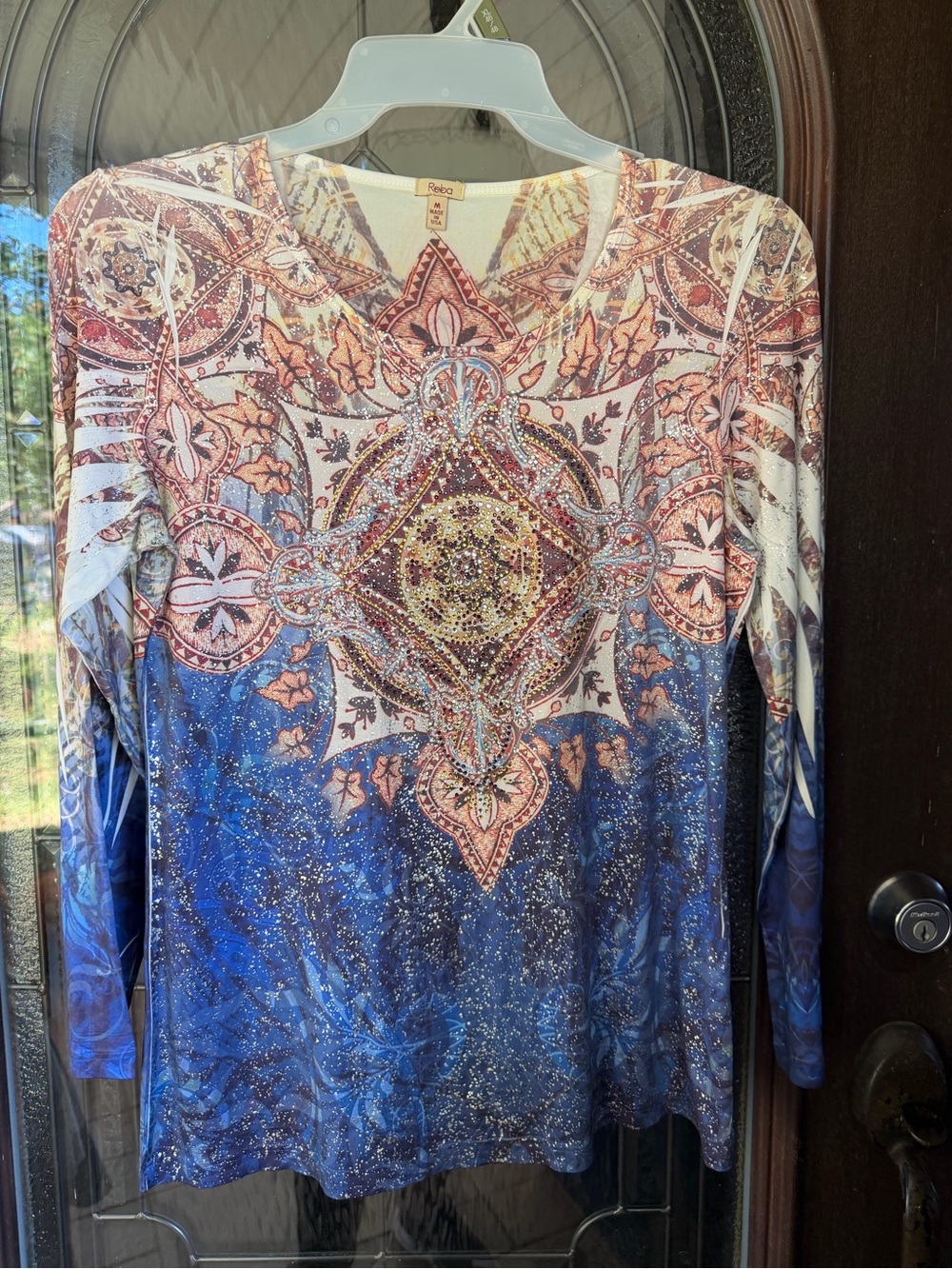 Reba Blue and Pink Rhinestone Medallion Long-Sleeve V-Neck Top
